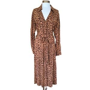 H&M Leopard Print Midi Dress Size Medium Long Sleeve Belted Maxi Shirtdress